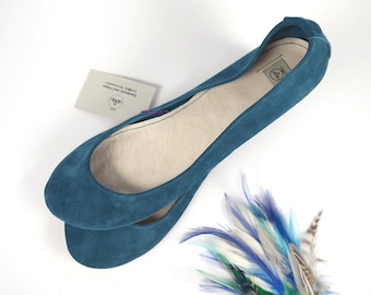 Ballet Flats Shoes in Turquoise Blue Italian Suede Leather, Something Blue Wedding, Elehandmade Shoes
