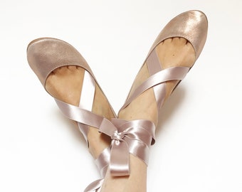 Rose Gold Ballet Flats With Satin Ribbon, Low Heel Bridal Shoes, elehandmade