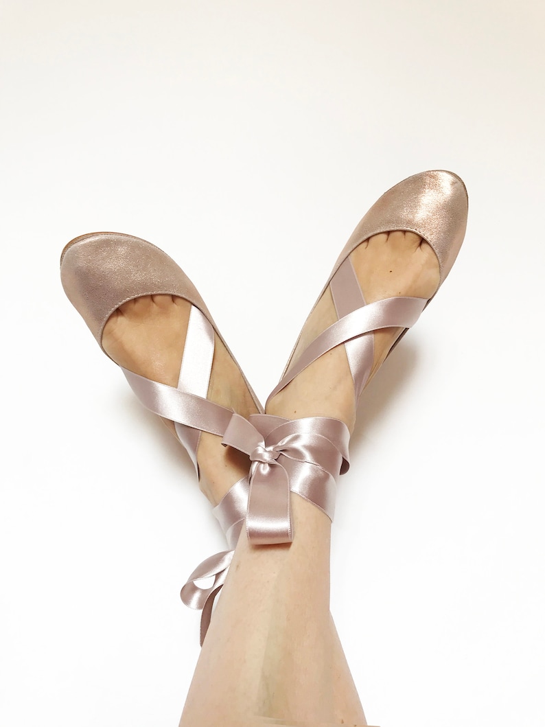 Rose Gold Ballet Flats With Satin Ribbon, Low Heel Bridal Shoes, elehandmade image 1