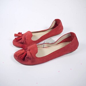 Loafers Shoes in Red Leather Suede and Matching Red Tassels, Handmade Leather Flat Shoes Slip On image 4