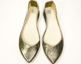Gold Bronze Cracked Opulent Leather Pointy Flats, Metallic Leather Flats, Elehandmade Shoes