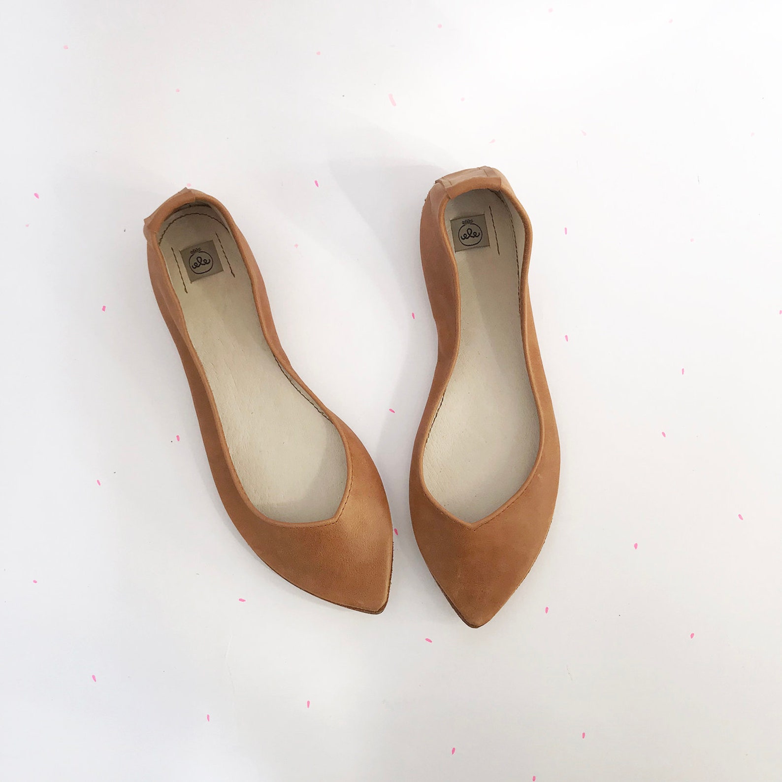 leather ballet flats in tan italian leather, pointed handmade ballerina, bridal shoes, elehandmade low heel comfortable flats