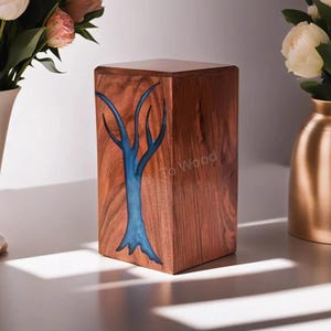 Handcrafted Rosewood & Blue Resin Cremation Urn Box - Remembrance Keepsake