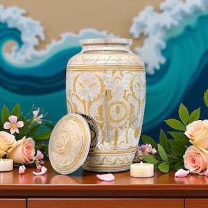 Elegant Aluminum Cremation Urn for Ashes – Handcrafted Silver & Gold Floral Design | Adult Memorial Urn | Funeral Keepsake Urn (200lbs)