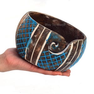 Handcrafted Wooden Yarn Bowl: Blue Grid & Stripe Knitting Organizer