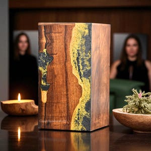 Handmade Wooden Urn Box with Black & Gold Resin – Cremation Urn for Human Ashes – Rustic Memorial Keepsake Box by ClassichandicraftsIN