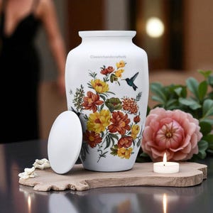Hummingbird Floral Cremation Urn: White Metal, Large Memorial Urn (200lbs Capacity)