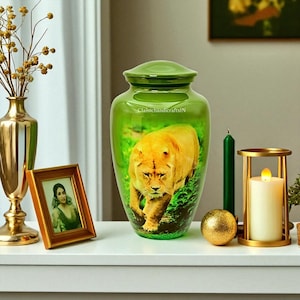 Lion Cremation Urn for Human Ashes – Green Adult Memorial Urn | Wildlife Funeral Urn | Large Ashes Keepsake | Strength & Courage Tribute