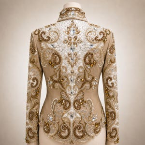 May include: Tan jacket with intricate gold and crystal embellishments. The back of the jacket features a detailed pattern of swirling designs, beads, and sparkling crystals. The jacket has long sleeves and a high collar, showcasing a luxurious and ornate design.