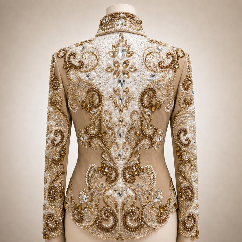 May include: Tan jacket with intricate gold and crystal embellishments. The back of the jacket features a detailed pattern of swirling designs, beads, and sparkling crystals. The jacket has long sleeves and a high collar, showcasing a luxurious and ornate design.