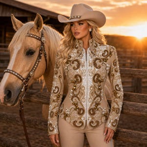 May include: A woman wearing a tan cowboy hat and a matching jacket with intricate gold and pearl embellishments. The jacket is paired with tan pants. A horse stands beside her, and a wooden fence and sunset are in the background.