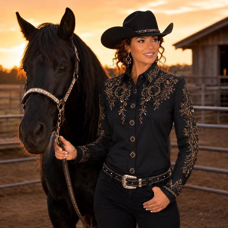 Puede incluir: Una camisa negra de manga larga con botones y bordados dorados y bronce en hombros y mangas, acompa&ntilde;ada de un sombrero de vaquero negro y un cintur&oacute;n negro con hebilla plateada, junto a un caballo negro con una brida de cuero.