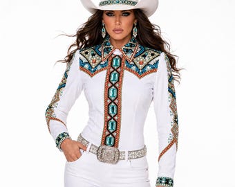 Camisa de exhibición con cristales turquesa blancos: Indumentaria para competiciones de rodeo occidental