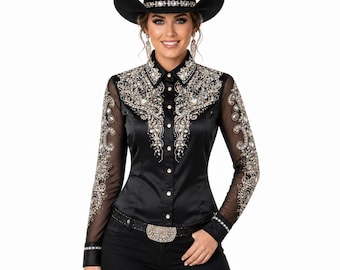 Camisa negra satinada con pedrería para espectáculos – Blusa de competición de rodeo occidental