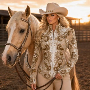 May include: A woman in a beige cowboy hat and jacket with intricate gold and white embroidery stands next to a palomino horse. The jacket features a zip-up front and is adorned with ornate patterns and embellishments. The horse wears a decorated bridle.