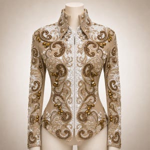 May include: A tan jacket with intricate beadwork and embroidery. The jacket features a high collar, long sleeves, and a central zipper. The design includes white, gold, and brown embellishments in a swirling pattern, creating a luxurious and ornate appearance. The jacket is displayed on a mannequin.