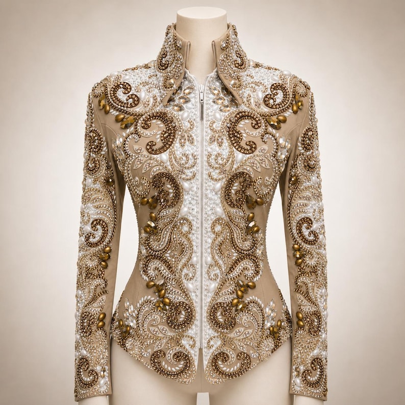 May include: A tan jacket with intricate beadwork and embroidery. The jacket features a high collar, long sleeves, and a central zipper. The design includes white, gold, and brown embellishments in a swirling pattern, creating a luxurious and ornate appearance. The jacket is displayed on a mannequin.