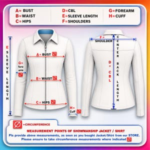 Puede incluir: Una gu&iacute;a de medidas para chaqueta o camisa de exhibici&oacute;n, mostrando vistas frontal y trasera con puntos etiquetados de la A a la H. El texto incluye etiquetas para las medidas de busto, cintura, cadera, espalda, mangas, hombros y pu&ntilde;os.