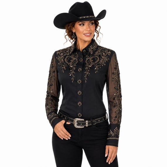 ROZY SHOW APPAREL Black Crystal Mesh Showmanship Shirt Elegant Western Rodeo Horse Show Competition Shirt