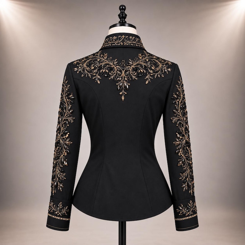 Puede incluir: Una chaqueta negra de manga larga con intrincados bordados en dorado y bronce en los hombros, el cuello y a lo largo de cada manga. El dise&ntilde;o incluye patrones florales ornamentados y adornos oscuros en los pu&ntilde;os y la parte posterior.