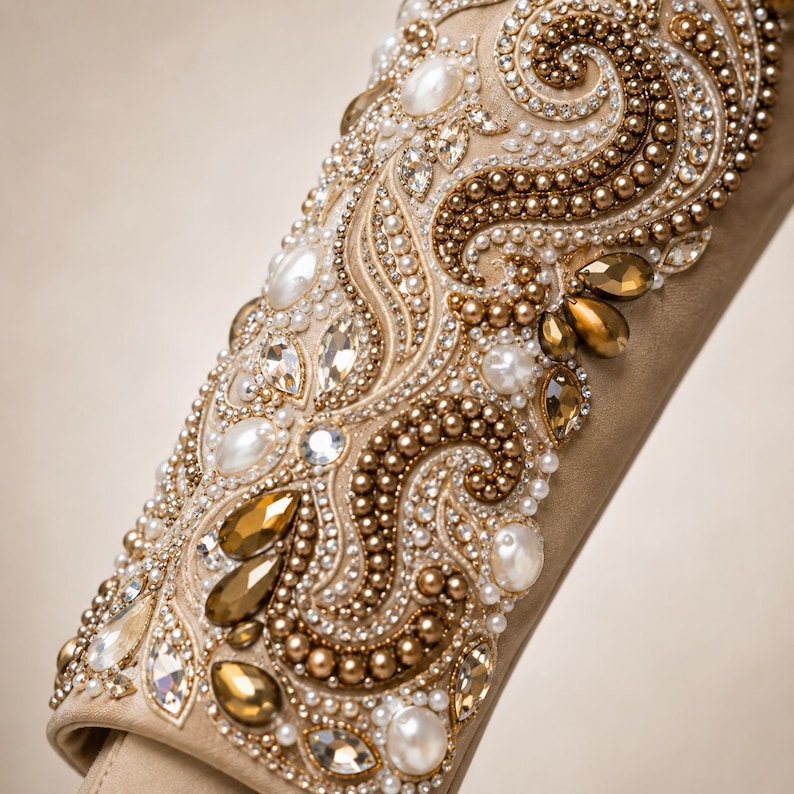 May include: Close-up of a beige accessory with intricate embellishments. The design features a swirling pattern of small gold beads, faux pearls, and sparkling crystals. Large, teardrop-shaped amber-colored gems add a touch of opulence to the design.