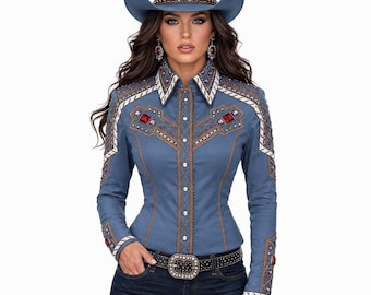Camisa Dusty Blue Crystal Showmanship: Blusa para competiciones de rodeo western