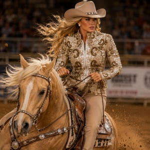 May include: A woman in a tan cowboy hat and a gold embellished jacket rides a palomino horse. The jacket features intricate gold embroidery and beadwork. The horse has a light mane and tail, and is wearing a decorated bridle and saddle.