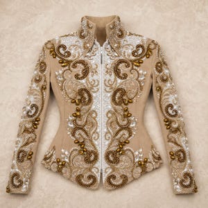 May include: Tan equestrian show jacket with intricate beadwork in white, gold, and clear crystals. The jacket features a high collar, a white zipper, and detailed embellishments along the sleeves and bodice. A tailored, elegant design.