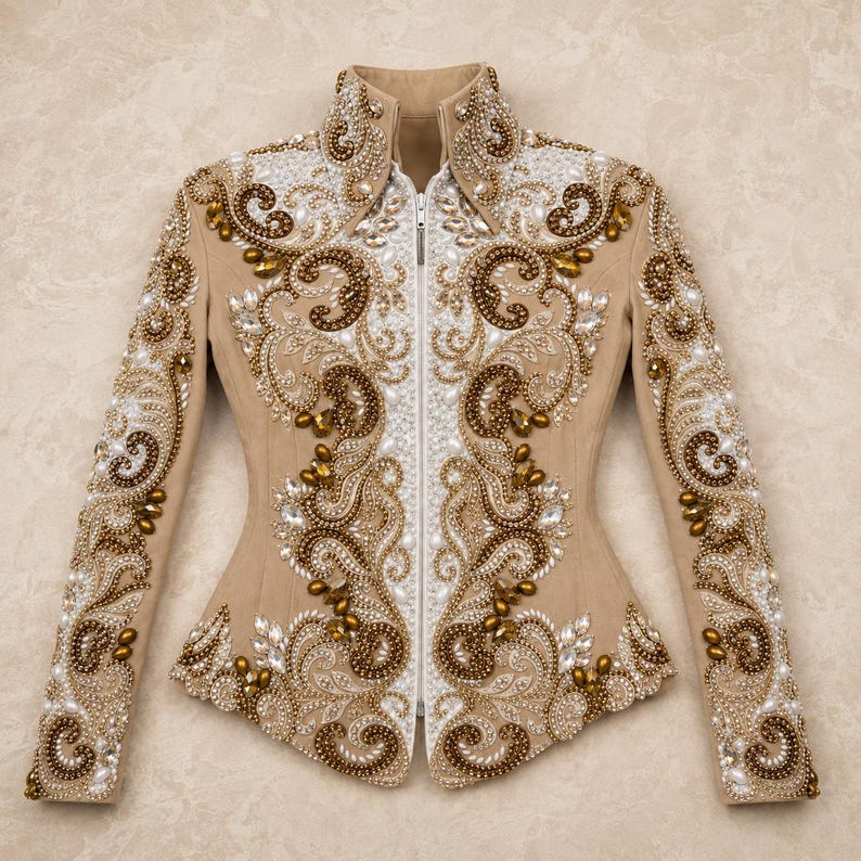 May include: Tan equestrian show jacket with intricate beadwork in white, gold, and clear crystals. The jacket features a high collar, a white zipper, and detailed embellishments along the sleeves and bodice. A tailored, elegant design.