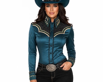 Camisa de exhibición con cristales en color verde azulado y negro: Blusa de competición de rodeo occidental para mujer