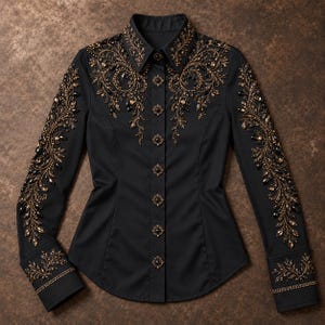 Puede incluir: Una camisa negra de manga larga con botones, decorada con intrincados abalorios dorados y negros y cristales en un patr&oacute;n de enredadera floral en los hombros, mangas y pu&ntilde;os, con botones met&aacute;licos decorativos a lo largo de la tapeta frontal.