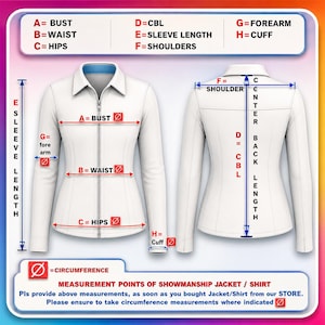 May include: Diagram illustrating measurement points for a jacket or shirt, including bust, waist, hips, sleeve length, shoulders, forearm, and cuff. The white jacket is shown from the front and back, with measurement lines and labels.