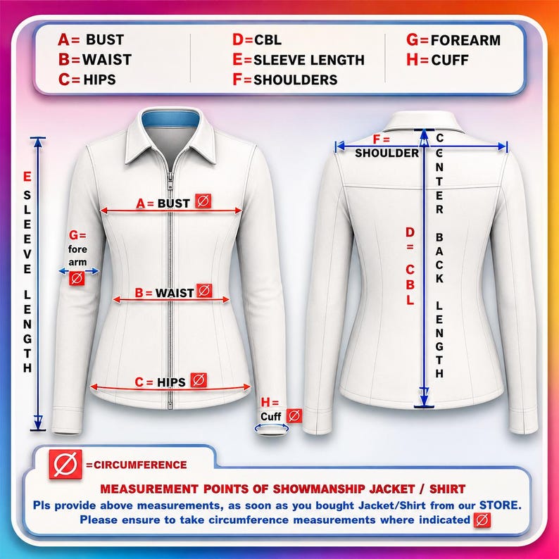 May include: Diagram illustrating measurement points for a jacket or shirt, including bust, waist, hips, sleeve length, shoulders, forearm, and cuff. The white jacket is shown from the front and back, with measurement lines and labels.