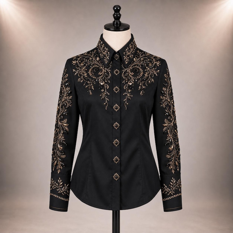 Puede incluir: Una camisa negra de manga larga con botones, que presenta intrincados bordados en dorado y negro a lo largo del cuello, los hombros y las mangas. La camisa incluye botones cuadrados decorativos en la parte frontal y adornos florales.