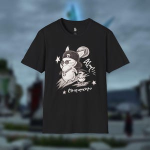 May include: A black short-sleeve t-shirt featuring a white graphic illustration of a stylized creature wearing a backwards baseball cap, sunglasses, and a chain necklace, accompanied by a smaller creature, stars, and the text Moogle and Kupo.