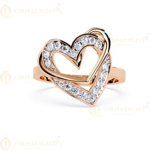 Pure Solid Gold Lab Grown Diamond Heart Ring – Rose Gold, Double Heart Design, Sparkling Diamonds,  Gold, Customizable Jewelry