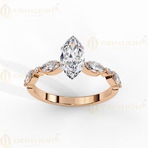 Lab Grown Marquise Diamond Ring, Gold Engagement Ring with Side Stones, Ethical Diamond Ring, Eco Friendly Jewelry