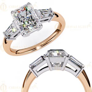 Radiant Cut Lab Grown Diamond Three Stone Engagement Ring | Baguette Side Stones | Rose Gold Ethical Bridal Jewelry