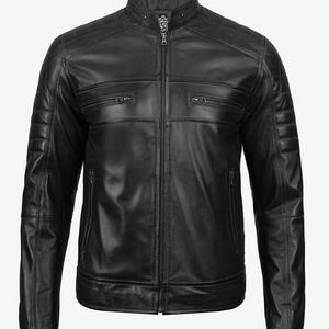 Men&#39;s Black Café Racer Leather Jacket, Real Lambskin Biker Jacket, Lightweight Motorcycle Jacket, Slim Fit