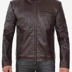 Men&#39;s Dark Brown Cowhide Leather Cafe Racer Jacket, Real Leather Biker Jacket, Snap Collar Jacket, Vintage Motorcycle Style, Gift for Him
