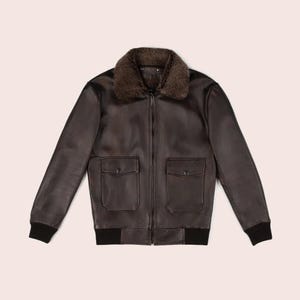 Men&#39;s G-1 Brown Leather Bomber Jacket – Iconic Flight Aviator Jacket – Sheepskin Military Pilot Coat – Vintage Style Air Force Jacket