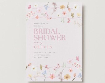 Può includere: Un invito per un addio al nubilato rosa chiaro con decorazioni floreali e farfalle. L'invito include il testo "BRIDAL SHOWER" e "OLIVIA", insieme alla data e all'ora.