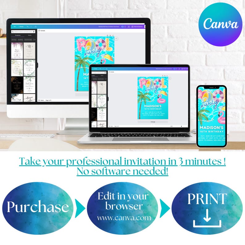 Pool Party Water Splash Invitation Editable CANVA Design - Etsy