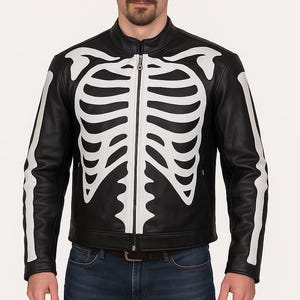 Skeleton Leather Jacket - Genuine Sheep Leather Biker Jacket for Men - Halloween Costume Jacket - Gothic Rock Punk Jacket