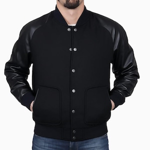 Men&#39;s Varsity Wool Jacket with PU Leather Sleeves – Black Bomber Style Baseball Jacket – Streetwear College Jacket – Summer Varsity Jacket