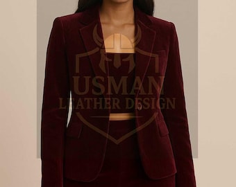Handmade Burgundy Velvet 3-Piece Outfit: Blazer, Crop Top & Skirt