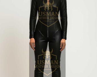 Handmade Black Leather Catsuit | Genuine Sheepskin, Fitted Jumpsuit