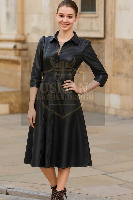 Handmade Sheep Leather Midi Dress: Elegant A-Line Button-Down