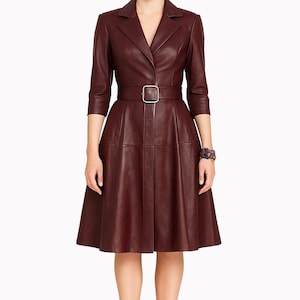Women Genuine Sheep Leather Dress Coat | Vintage Style A-Line Trench | Handmade Real Leather Outfit | Belted Mid-Length Jacket | Custom Size