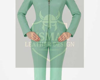 Handmade Sheep Leather Peplum Jacket & Pants Set: Custom Colors